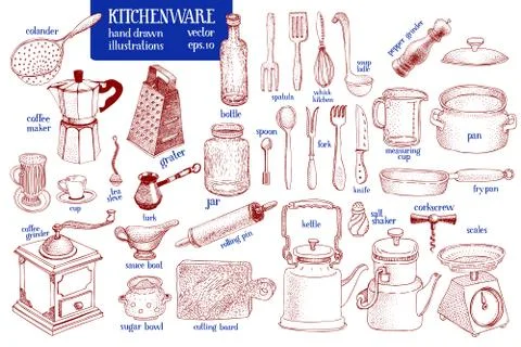 Kitchenware set. Hand drawn vector tableware and kitchen utensils illustration Stock Illustration