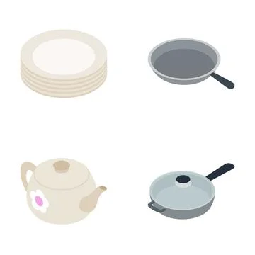Kitchenware set icon collection with plates, teapot, frying pans Stock Illustration