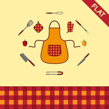 Kitchenware. Set of icons and seamless pattern checkered Stock Illustration