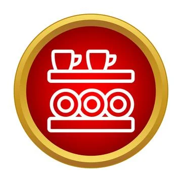 Kitchenware set on shelves in round red icon Stock Illustration