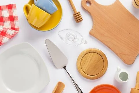 Kitchenware set at white background Stock Photos