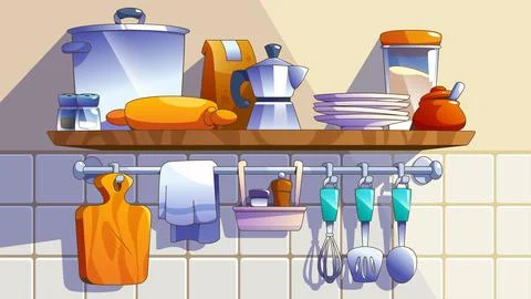 Kitchenware on shelf hanging on tiled wall Stock Illustration