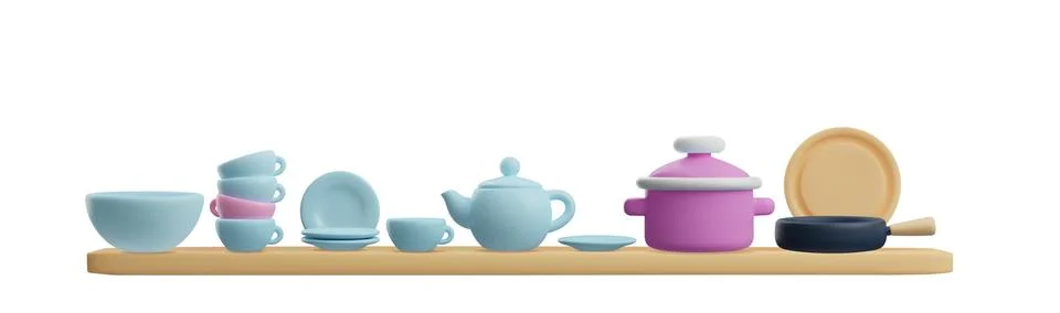 Kitchenware on the shelve, 3D vector render blue and pink utensils cups bowl Stock Illustration