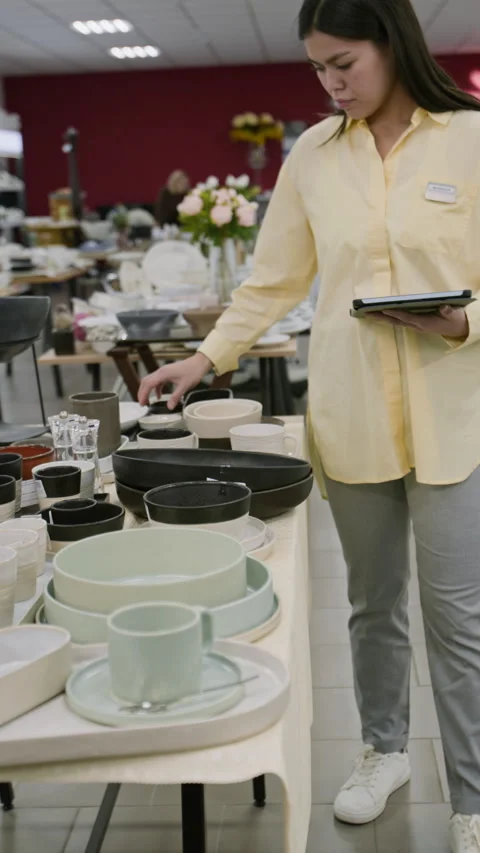 Kitchenware Shop Manager with Tablet Inspecting Merchandise Displays in Showroom Vídeos de archivo 321776517