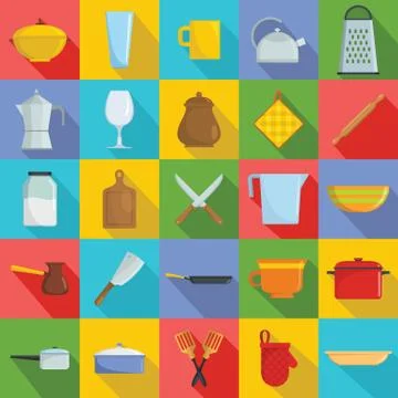 Kitchenware tools cook icons set, flat style Illustrazione stock