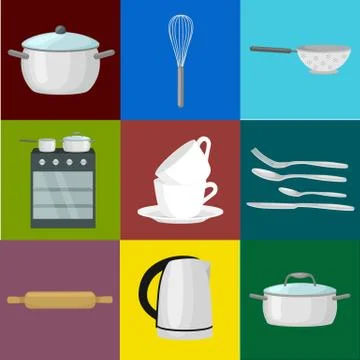 Kitchenware utensils set vector illustration of isolated kitchen utensil. Cook Stock Illustration