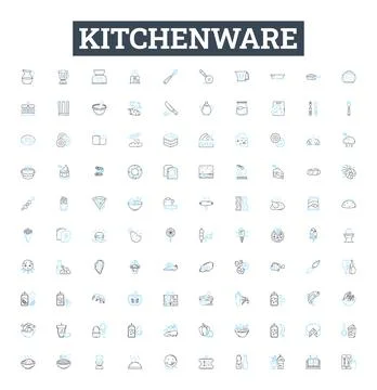 Kitchenware vector line icons set. Cookware, Utensils, Cutlery, Plateware Stock Illustration