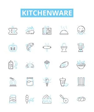 Kitchenware vector line icons set. Cookware, Utensils, Cutlery, Plateware Stock Illustration