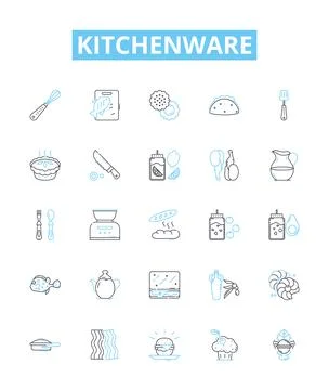Kitchenware vector line icons set. Cookware, Utensils, Cutlery, Plateware Stock Illustration