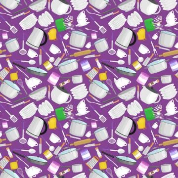 Kitchenware vector pattern.Cartoon kitchen utensil collection.Steel househo.. Stock Illustration
