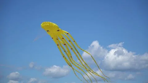 A kite flies in the sky close up. Stock Photos