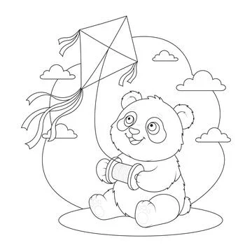Kite flying cute bear character holding string spool sky clouds panda vecto.. Stockillustratie