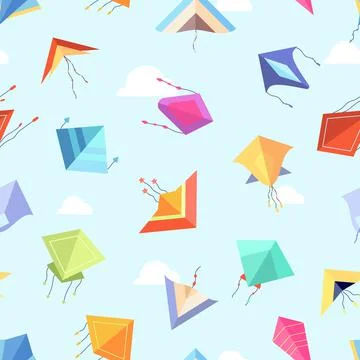 Kite seamless pattern. Flat color kites flying in sky between clouds. Bright Stock Illustration