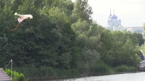 A kite soars in the sky against the backdrop of trees and a church Video stock 155703077