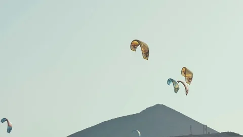 Kite stabilizing parachute in sky and mountain background. Canary islands. Spain Video stock 71649988