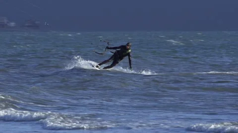 Kite Surfer Close Carving a Line Slow Motion Stock Footage