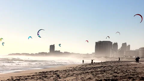 Kite surfers enjoy the wind at the beach Stock Footage 340558161