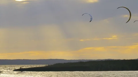 Kite surfers at sunset Stock Footage 82955486