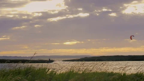 Kite surfers at sunset Stock Footage 82955496