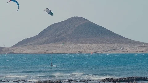 Kite Surfing in Atlantic Ocean, Extreme summer sport. Canary Islands. Stock Footage 70440106