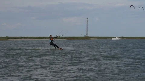 Kite surfing in the bay Stock Footage 83611993