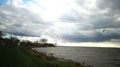 Kite Surfing During A Cold Day in the Shores of Montreal, Canada Stock Footage 83528104