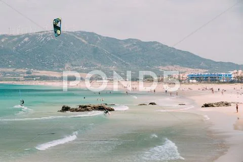 Kite surfing in Tarifa, Spain. Tarifa is most popular places in Stock Photos