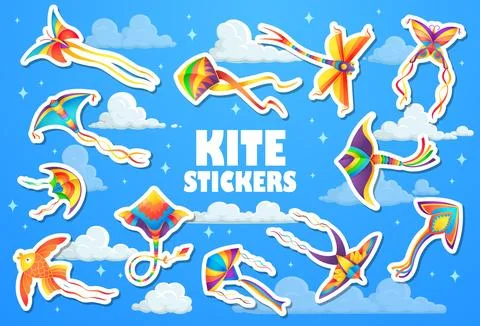 Kite toy flying in sky clouds stickers pack Stock Illustration
