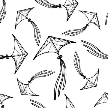 Kite vector seamless pattern doodle, hand drawn, minimalistic, monochrome. Black Stock Illustration