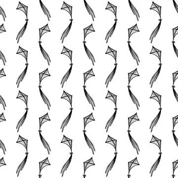 Kite vector seamless pattern doodle, hand drawn, minimalistic, monochrome. Black Stock Illustration