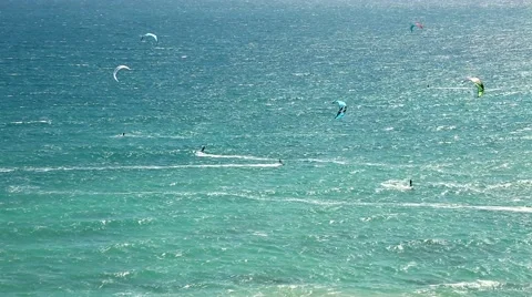 Kite zone. Kiters in action in Costa Blanca, Benidorm. Stock Footage 64754831