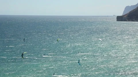 Kite zone. Kiters in action in Costa Blanca, Benidorm. Stock Footage 64755130