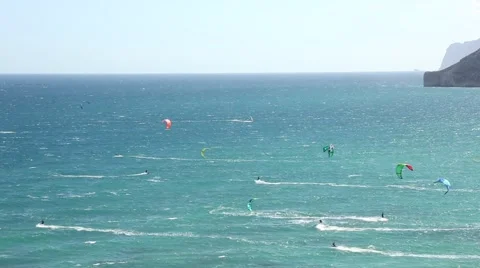 Kite zone. Kiters in action in Costa Blanca, Benidorm. Stock Footage 64755256