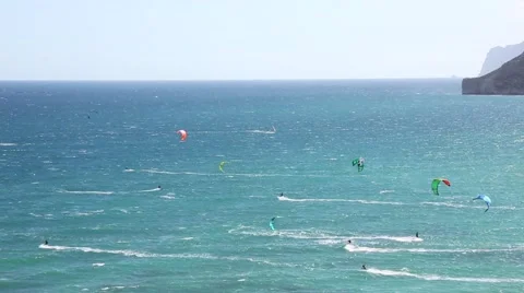 Kite zone. Kiters in action in Costa Blanca, Benidorm. Stock Footage 64755473