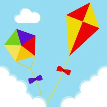Kites fly in the clouds against the blue sky. Two realistic kites. Stock Illustration