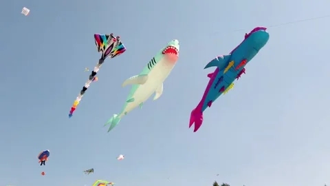 Kites flying in sky with large shark shaped inflatables during festival Stock Footage 333417652