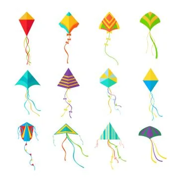Kites set. Geometric colored devices for launching into sky paper and cardboard Stock Illustration
