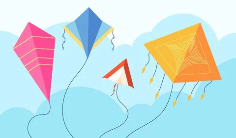 Kites in sky. Fun fly kite, child toy flying wind. Kiting, makar sankranti Illustration