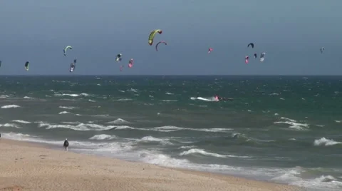 Kites at Val do Lobo beach, Algarve, Portugal Stock Footage 891046