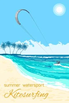 Kitesurfing summer watersport poster Stock Illustration