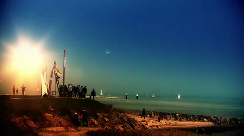 Kiting contest on the beach at sunset, zoom out Stock Footage 25242140
