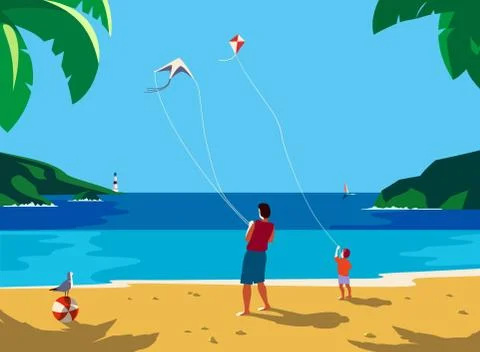 Kiting on sea beach Stock Illustration