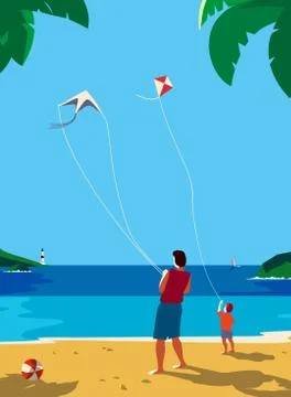 Kiting on sea beach Stock Illustration
