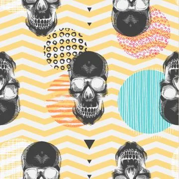 Kitschy seamless pattern with sugar skulls, multicolored circles of differe.. Stock Illustration