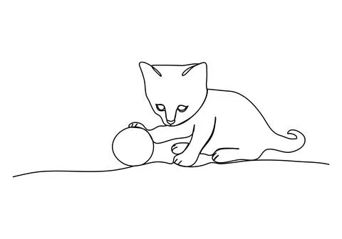 Kitten with a ball of thread one line drawing. Vector illustration. Illustrazione stock