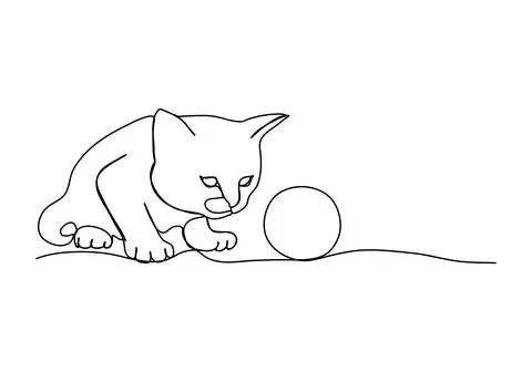 Kitten with a ball of thread one line drawing. Vector illustration. Stock Illustration