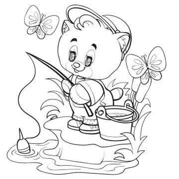A kitten in a cap and a bucket stands on the banks of a river or a pond and Stock Illustration