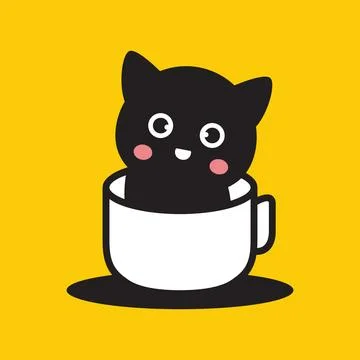 Kitten cat pets cute playing glass drink coffee tea cartoon mascot modern m.. Stock Illustration