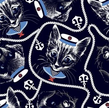 Kitten Marine seamless pattern Illustrazione stock