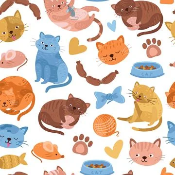 Kitten pattern. Cartoon cat, cute animal seamless background. Doodle fun pets Stock Illustration